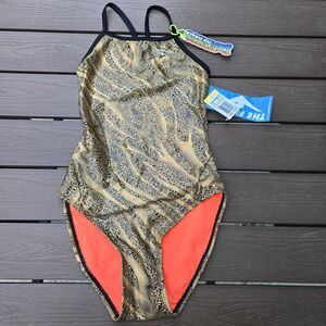 TYR The Finals Women Slither Foil Swimsuit Wingback Gold/glitter  Size 28 New